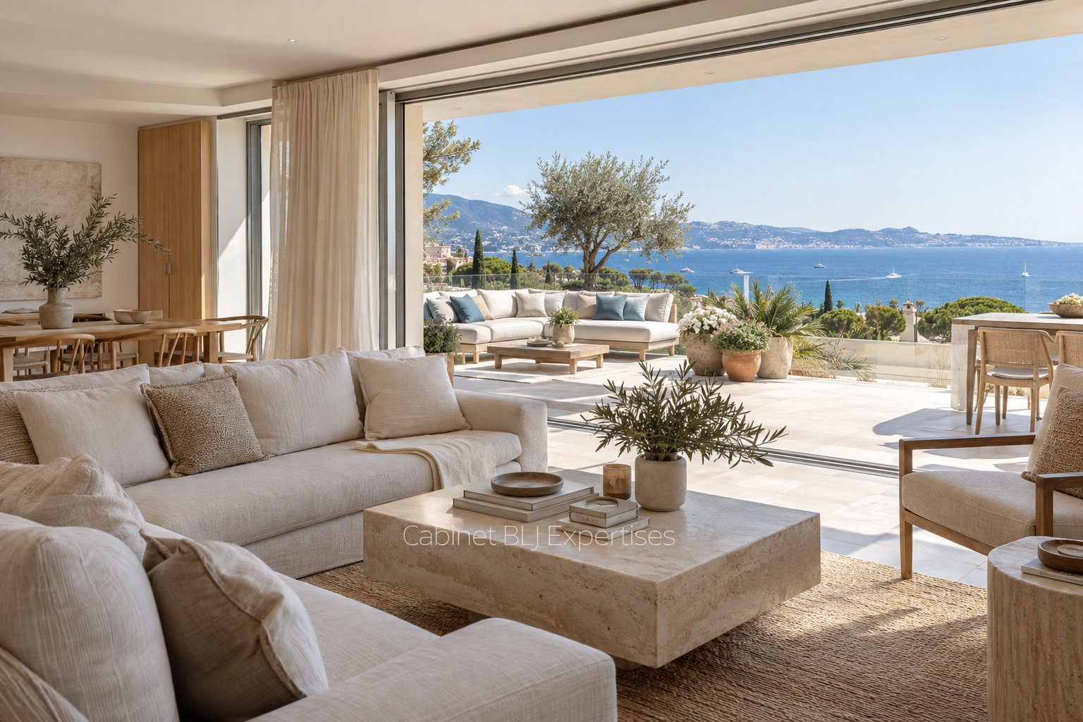 Appartement de standing lumineux, salon chic ouvert sur une terrasse végétalisée avec vue sur la mer